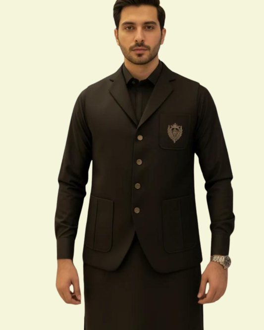 Shalwar Kameez With Same Coat Colar Design Waiscoat Set